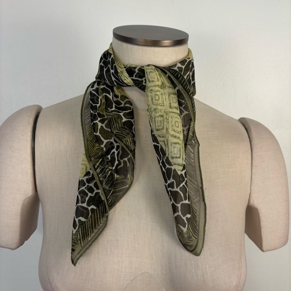 Y2K Square Scarf Sheer Animal & Woodblock Geometric Print Green Mixed Pattern - Picture 2 of 5